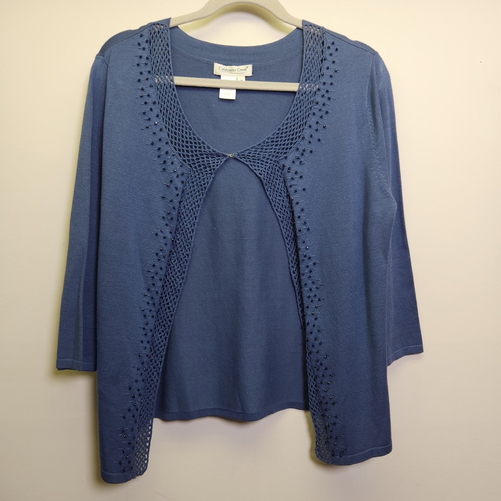 Coldwater Creek Silk Blend Cardigan M Beaded Crochet Trim 3/4 Sleeves Hook Close